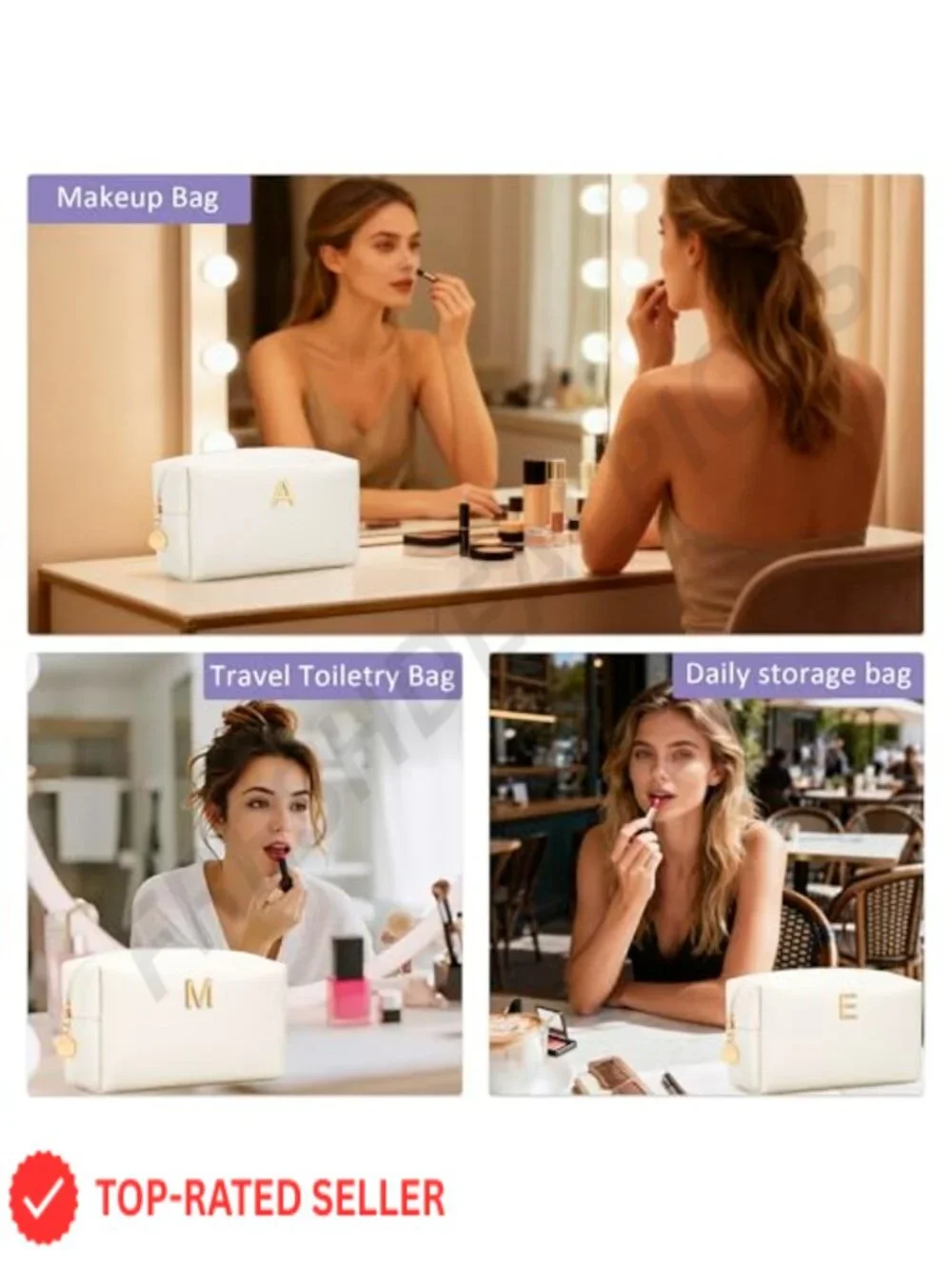 Initial Personalized Makeup Bag Travel Toiletry Vegan Leather Cosmetic Pouch